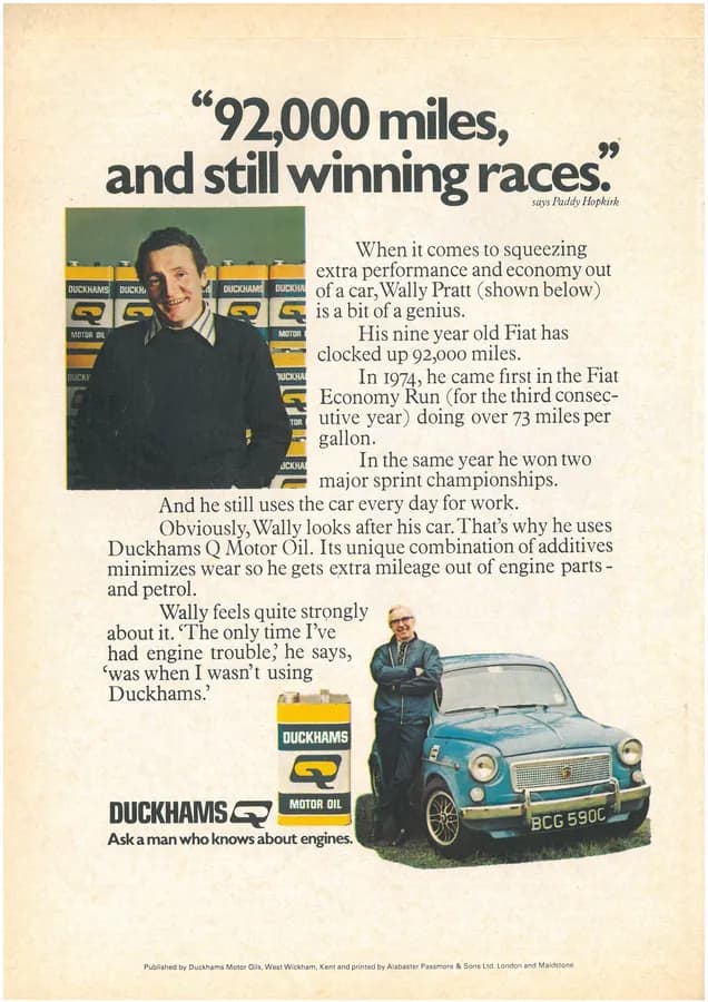 Duckhams press advertisement: “92,000 miles, and still winning races”, with Wally Pratt and his Fiat