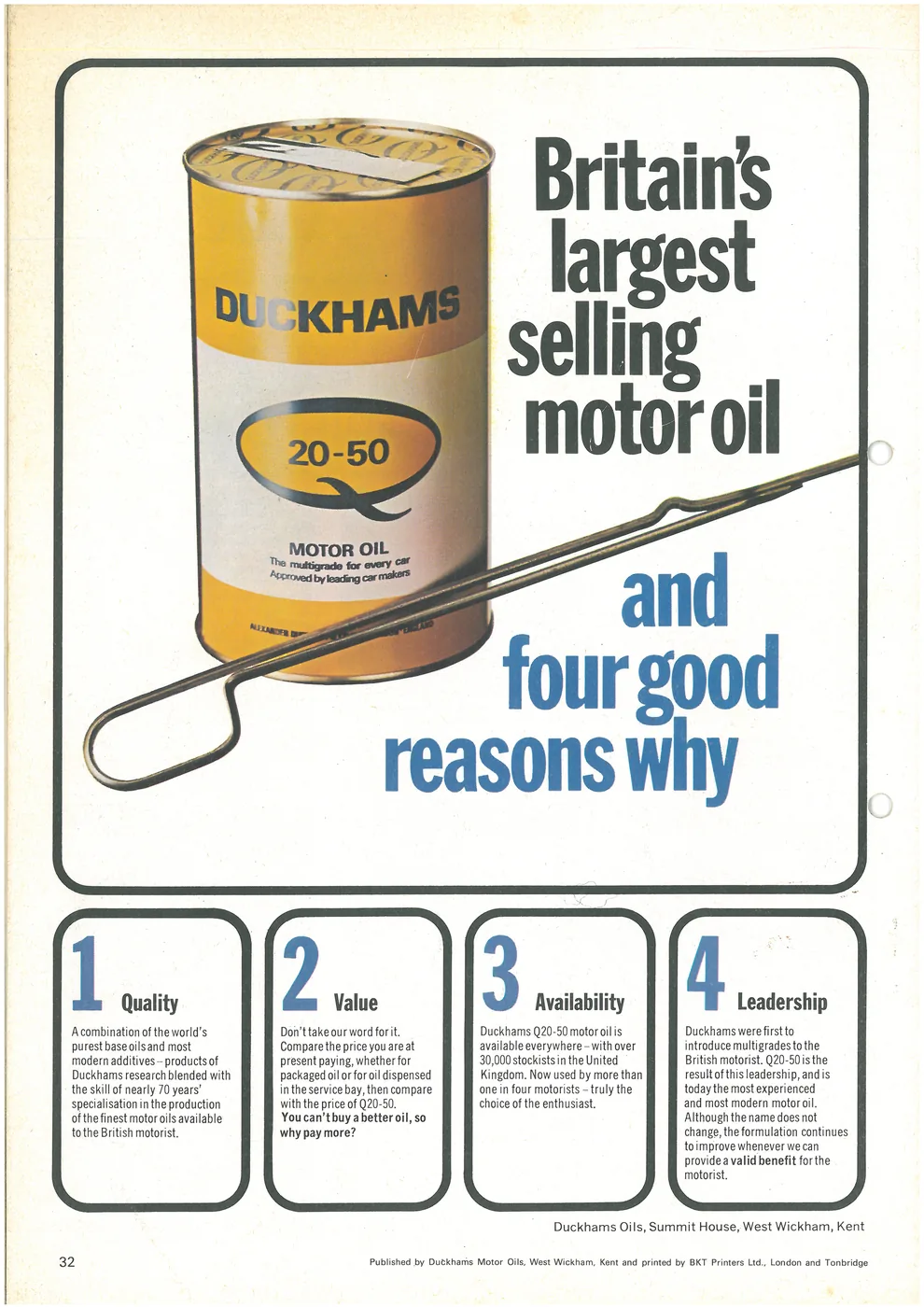 Duckhams advertisement: Britain’s largest selling motor oil, and four good reasons why