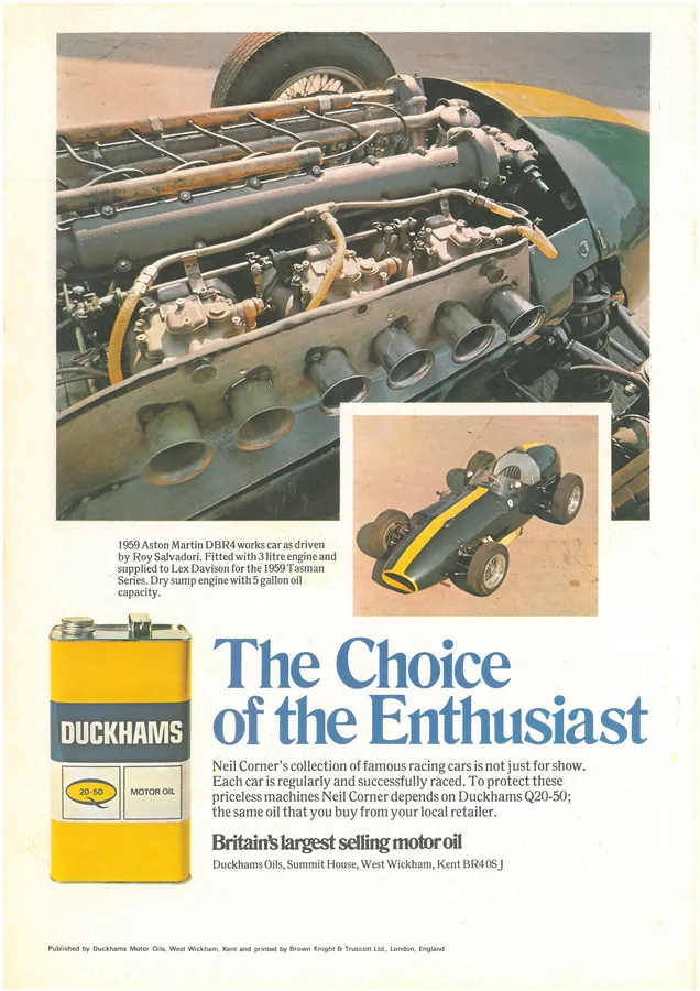 Duckhams press advertisement: “The Choice of the Enthusiast”, with a 1959 Aston Martin DBR4 works car and a tin of Q20-50