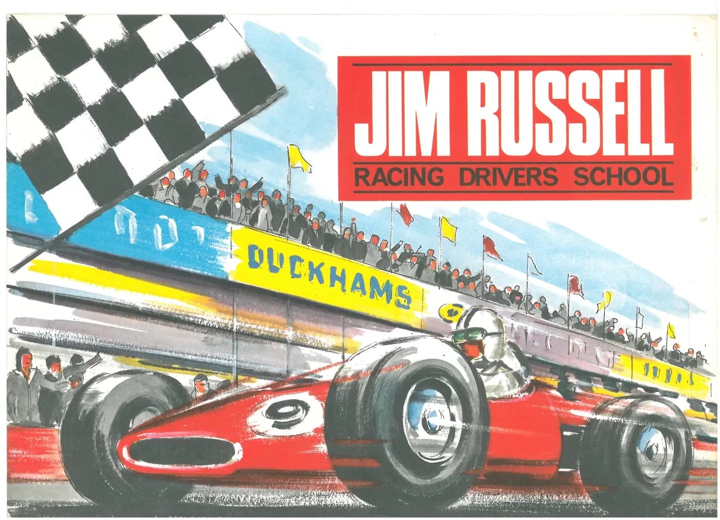 Duckhams advertisement for the Jim Russell Racing Drivers School, showing a single-seater crossing the line
