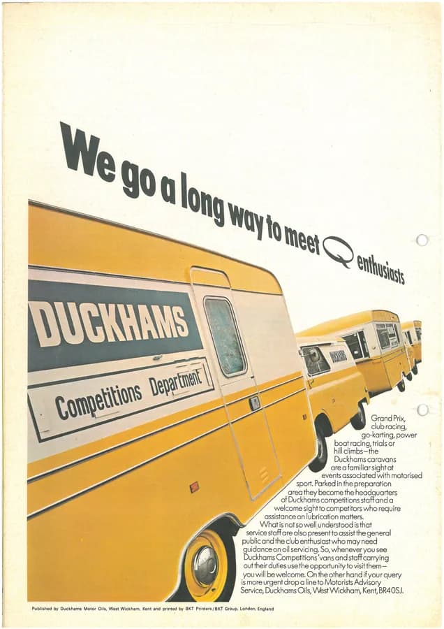 Duckhams press advertisement: “We go a long way to meet Q enthusiasts”, with the Competitions Department caravans