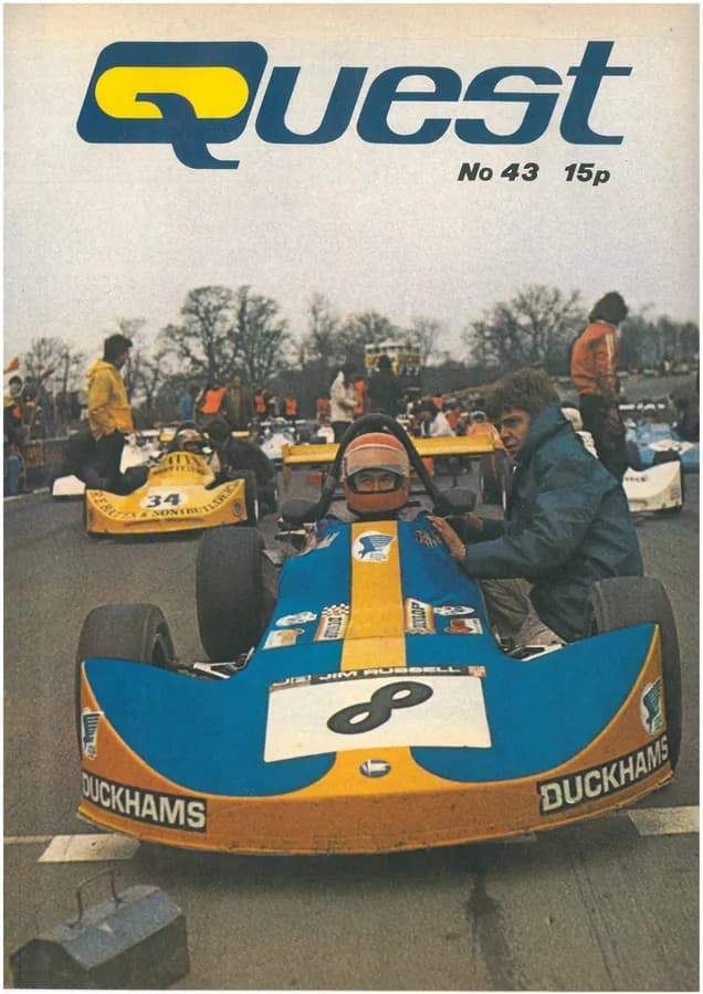 The cover of Quest magazine, number 43: a Duckhams-liveried single-seater on the grid