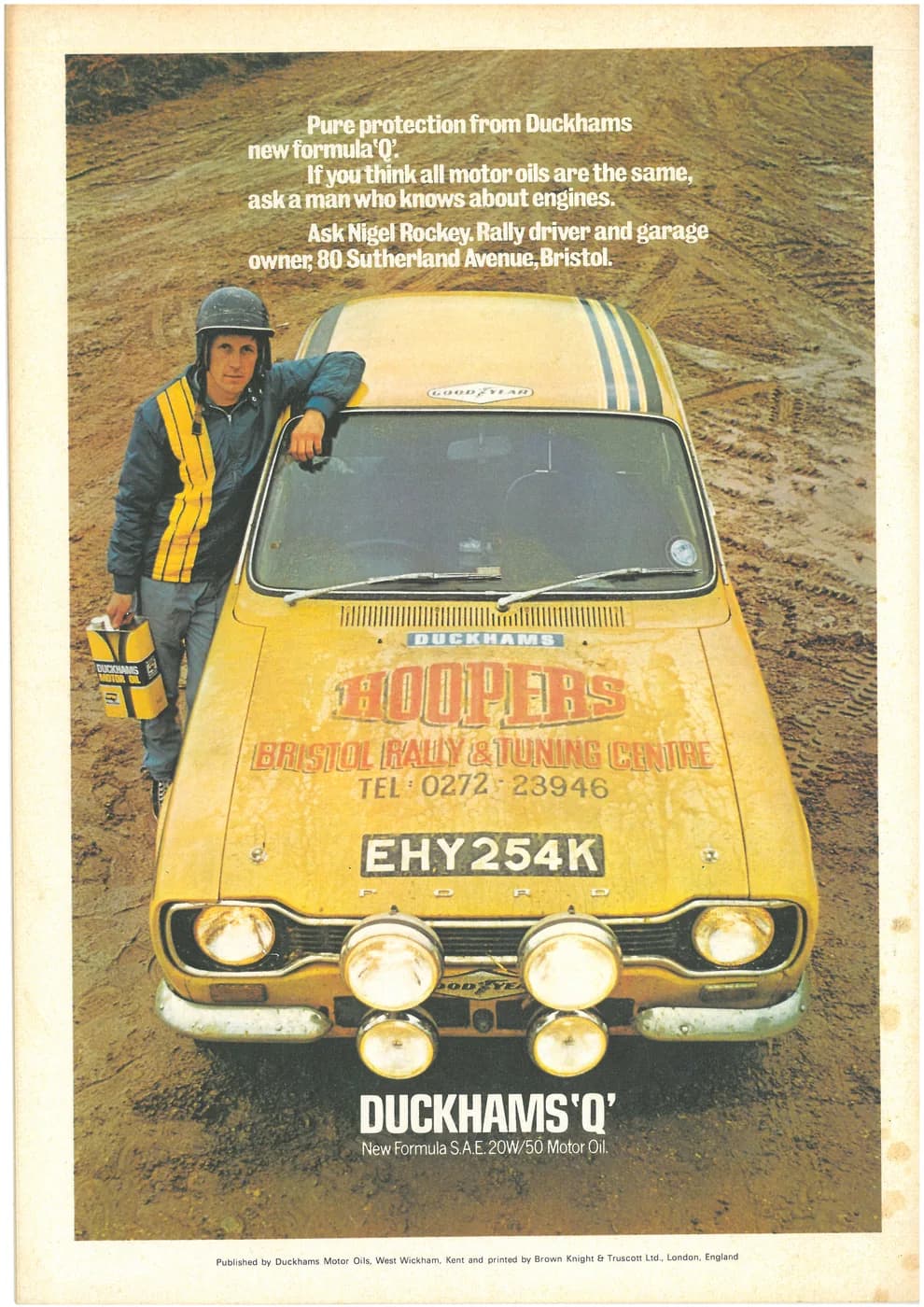 Duckhams Q advertisement featuring a rally car and its driver