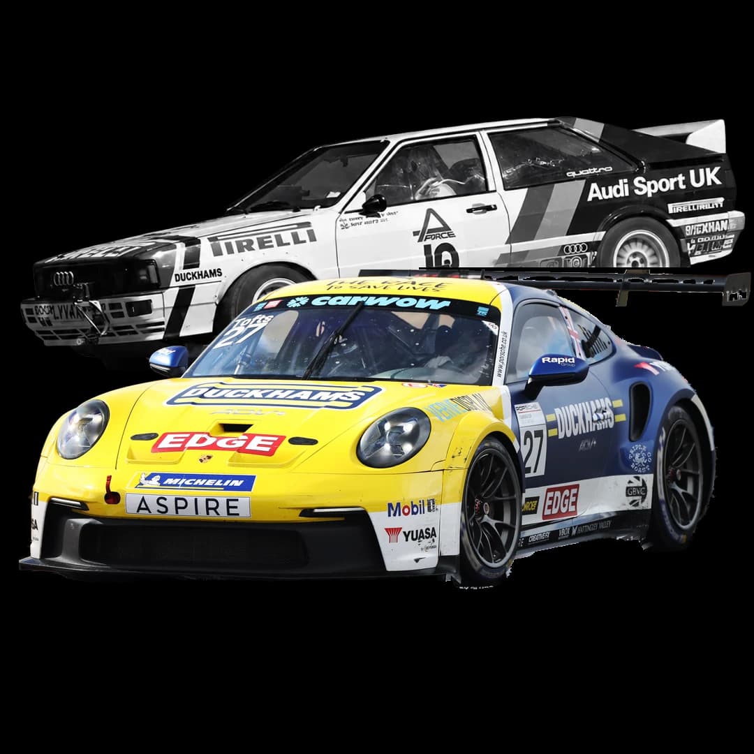 Duckhams Audi Sport quattro and the 2026 Porsche Carrera Cup GB car