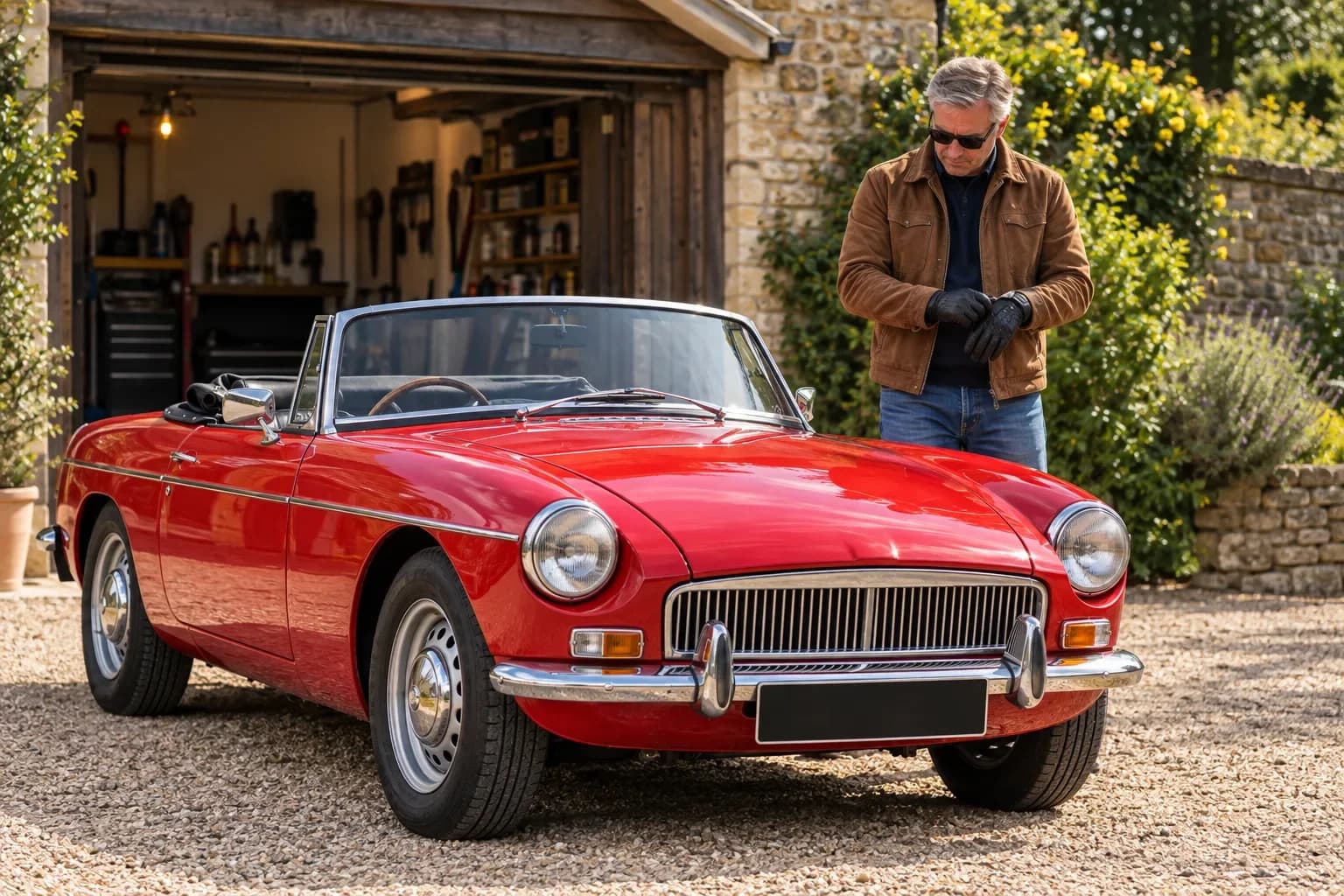 A red classic MG roadster on a gravel drive outside an open garage, its owner pulling on gloves.