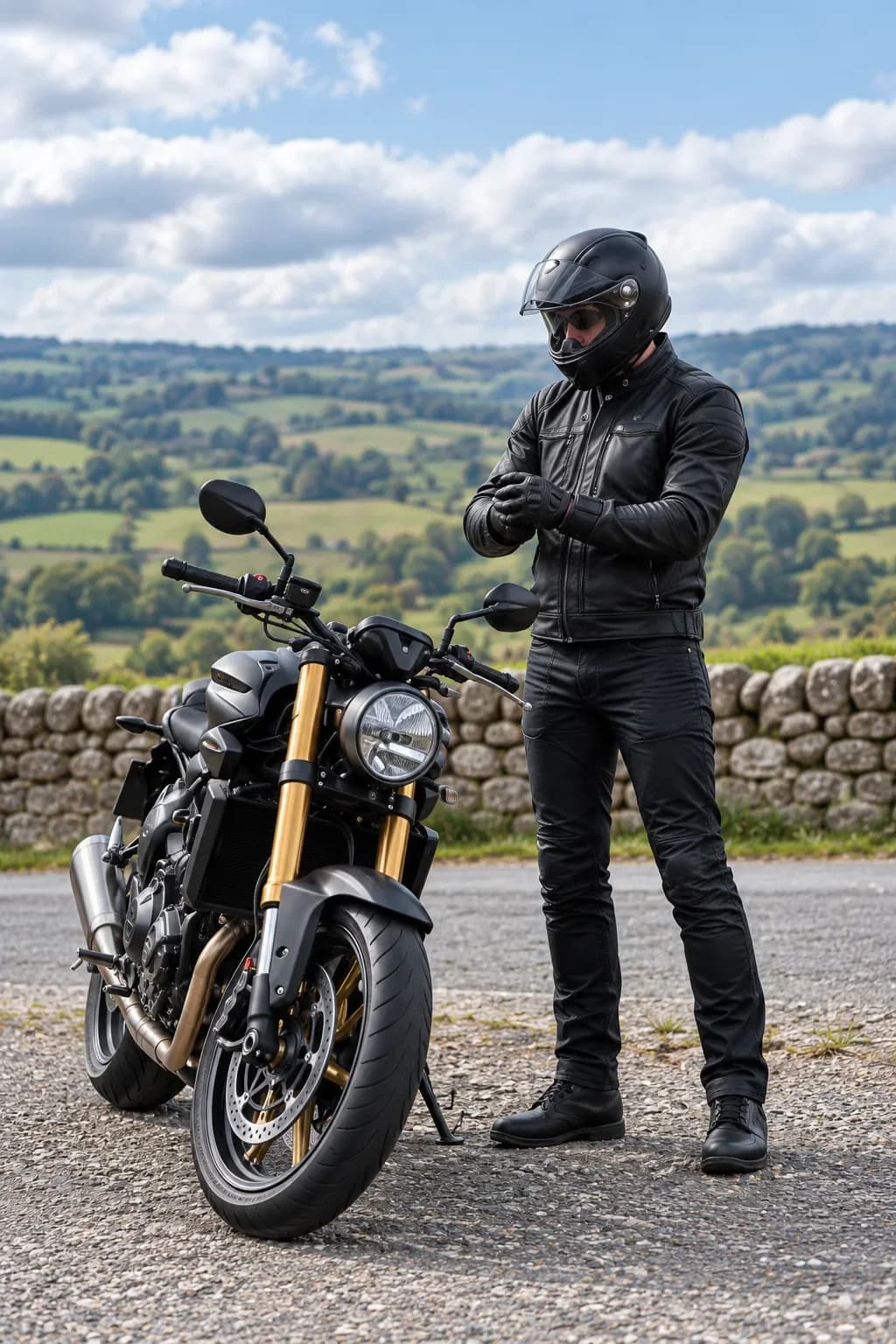 A rider in black leathers pulling on gloves beside a naked motorcycle on a country lane.