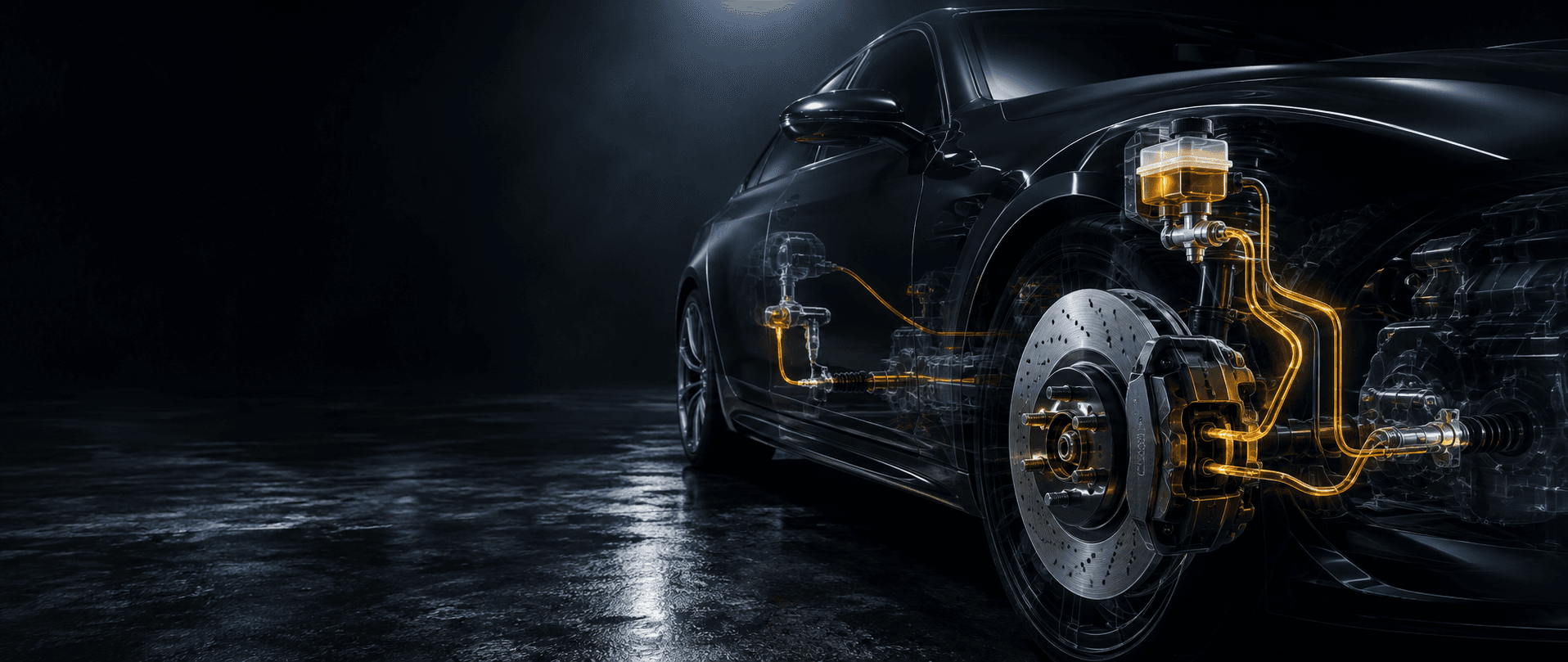 The rear wheel of a dark car with its bodywork shown as glass, the brake fluid circuit glowing amber from the reservoir through the lines to the caliper