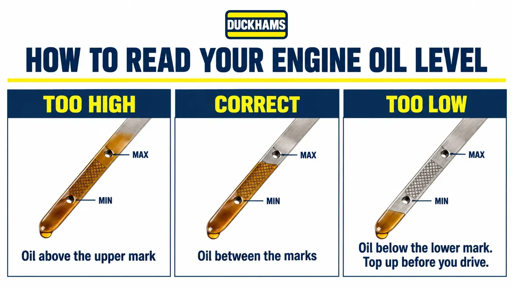 How to read an engine oil dipstick: oil above the MAX mark is too high, oil between the MIN and MAX marks is correct, and oil below the MIN mark is too low.