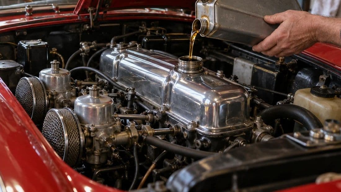 Engine oil being poured from a metal can into the filler on the polished rocker cover of a classic car engine, with twin carburettors alongside