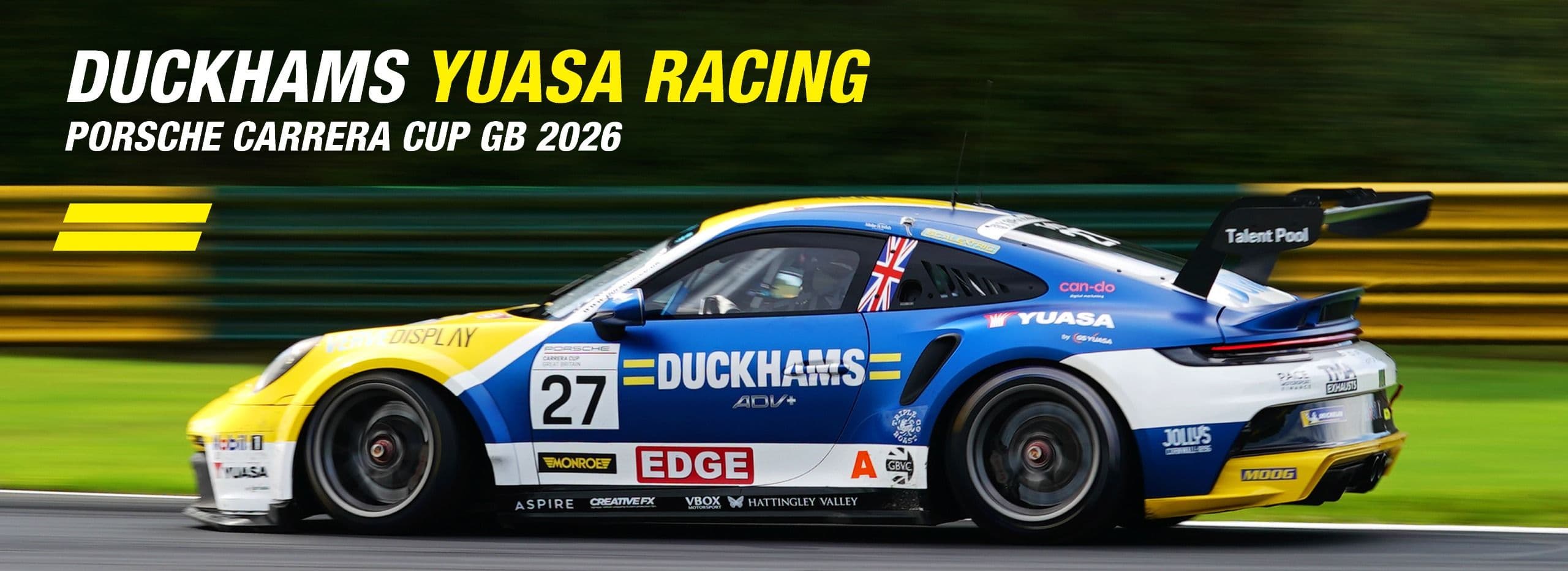 Duckhams Yuasa Racing, Porsche Carrera Cup GB 2026: the number 27 Duckhams Porsche 911 GT3 Cup at speed.