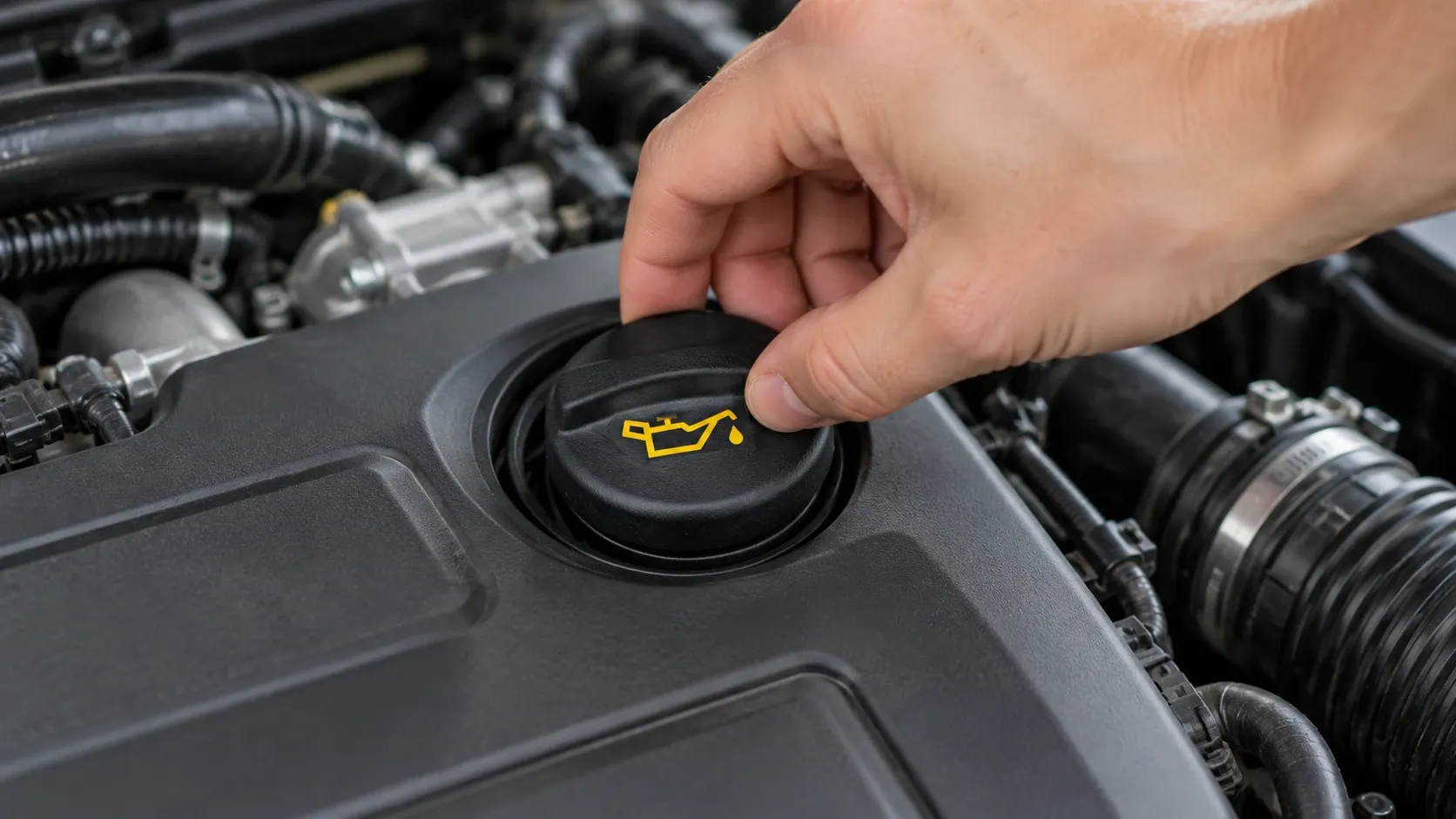 Hand on a black engine oil filler cap marked with the yellow oil can symbol