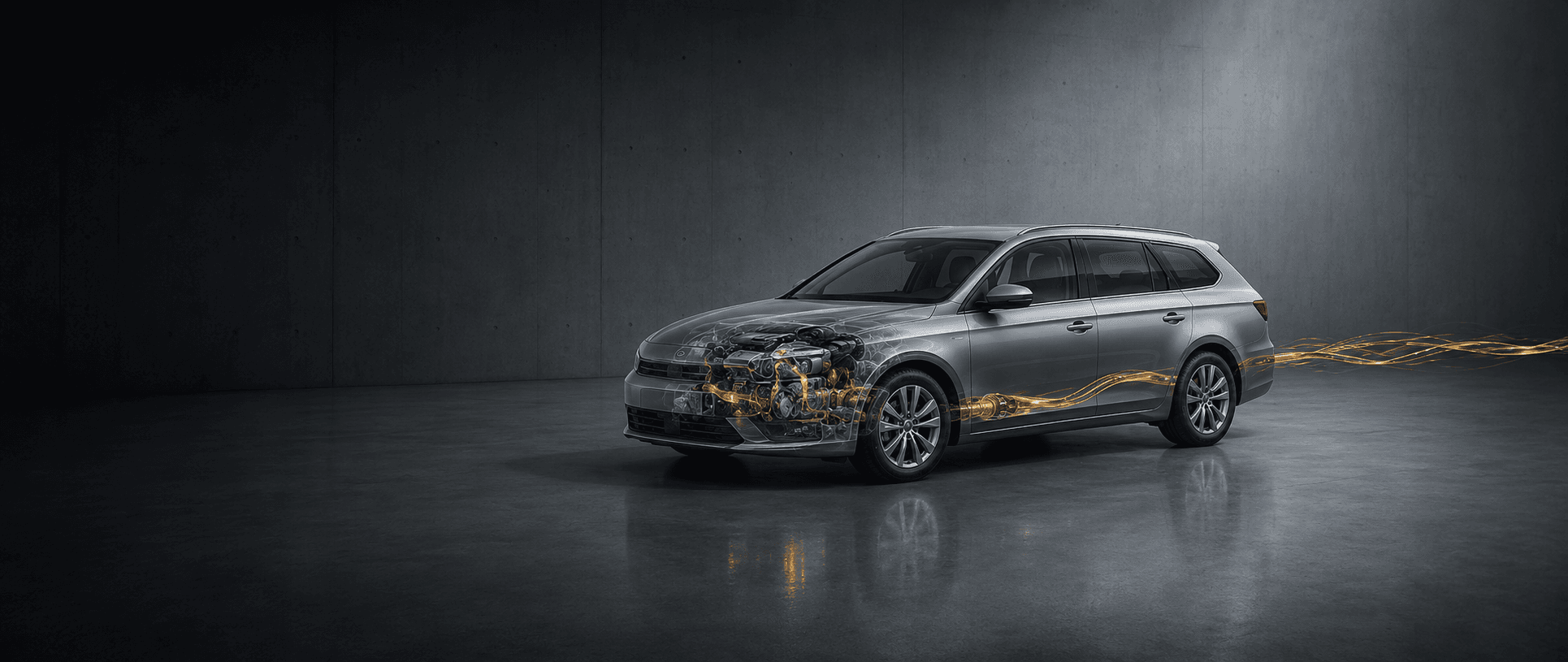 A silver estate car in a dim concrete studio, its bodywork rendered transparent at the front so the engine and driveline show through, with amber oil tracing along them.