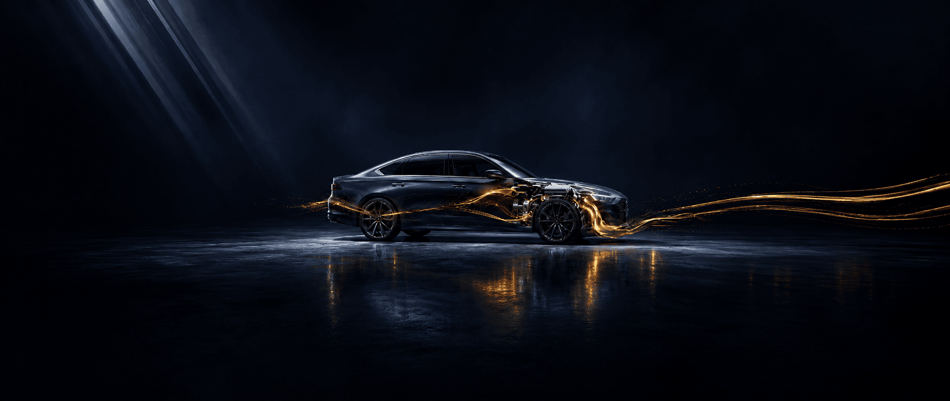 A dark performance saloon in a black studio, its engine picked out through the bodywork with gold oil tracing through it and streaming away across the reflective floor.