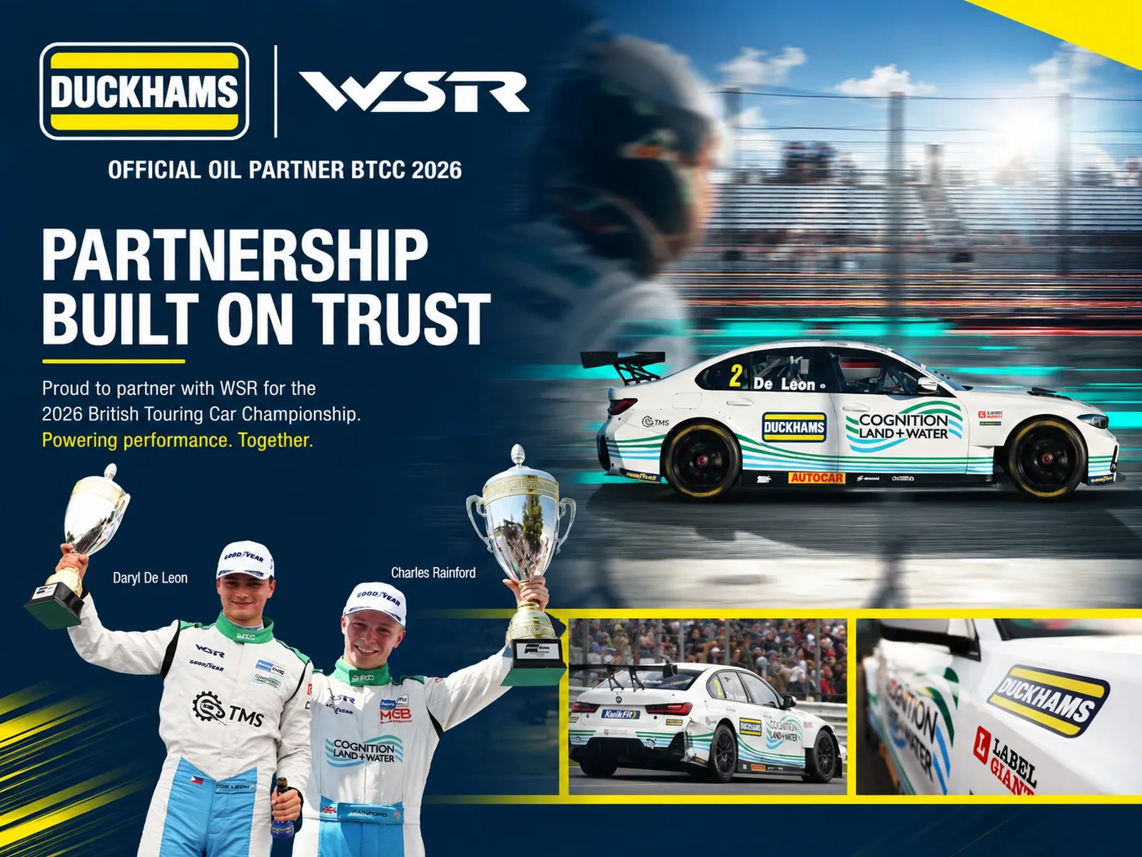 Duckhams and West Surrey Racing, official oil partner of the 2026 BTCC: Daryl De Leon and Charles Rainford with their trophies, and the number 2 BMW on track.