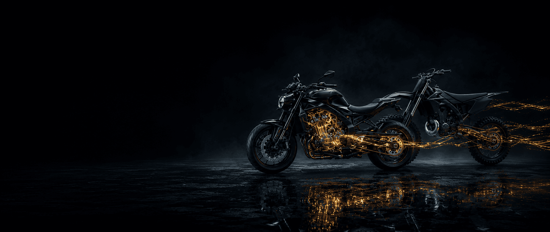 A black naked motorcycle with glowing gold oil running through its engine, an enduro bike behind it, in a dark studio